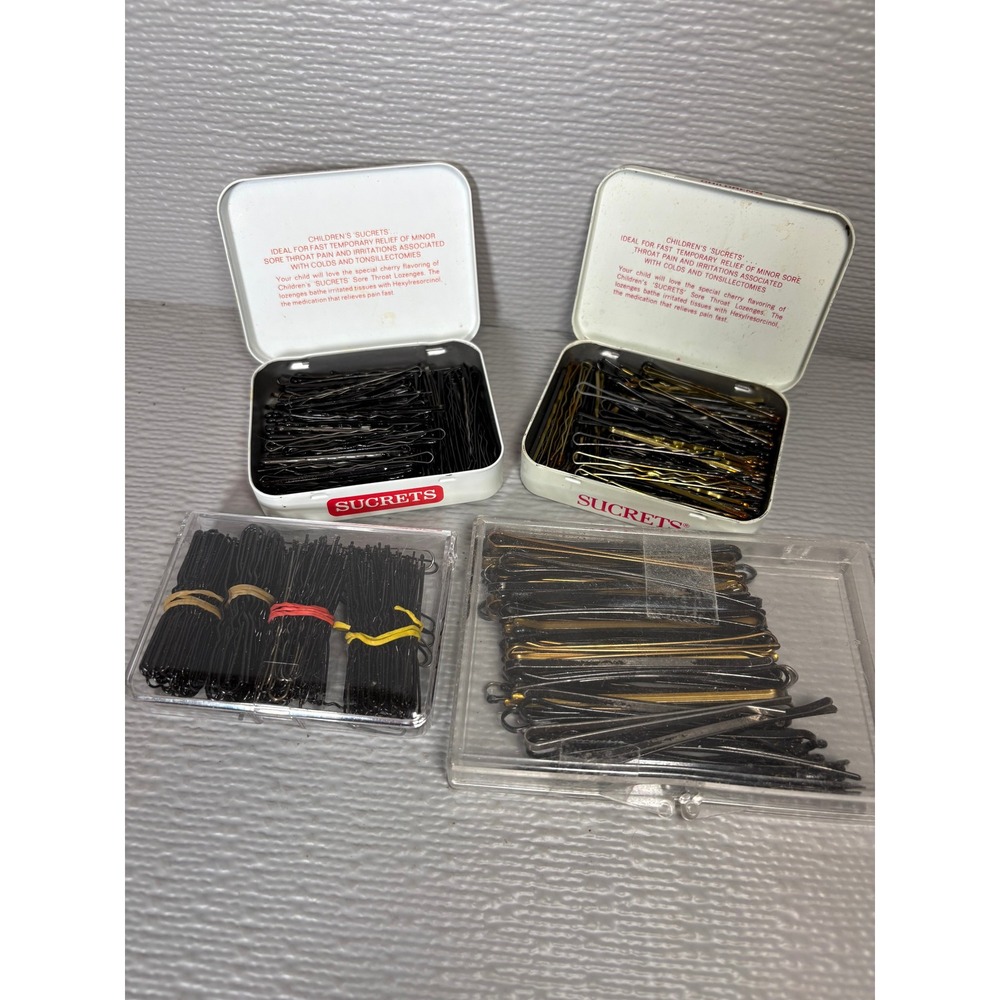 Vintage‎ Bobby Pin Lot Black Gold Bronze Hair Grips Assorted in Sucrets Tins